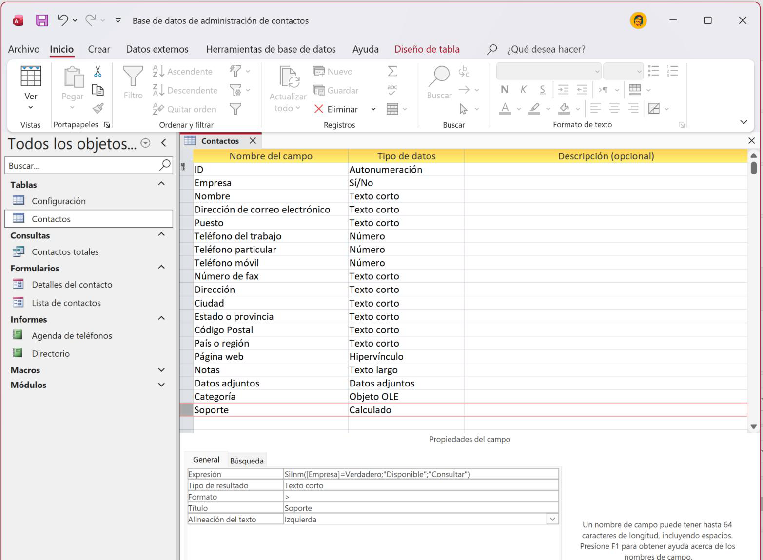 Captura de Access 365 con la tabla Contactos en Vista Diseño. Campos y tipos de datos: ID Autonumeración, Empresa Sí/No, Nombre, Dirección de correo electrónico y Puesto Texto corto, los tres teléfonos Número, Número de fax, Dirección, Ciudad, Estado o provincia, Código Postal y País o región Texto corto, Página web Hipervínculo, Notas Texto largo, Datos adjuntos Datos adjuntos, Categoría Objeto OLE y Soporte Calculado. Está seleccionado el campo Soporte y sus propiedades son: Expresión SiInm([Empresa]=Verdadero;"Disponible";"Consultar"), Tipo de resultado Texto corto, Formato >, Título Soporte y Alineación del texto Izquierda.